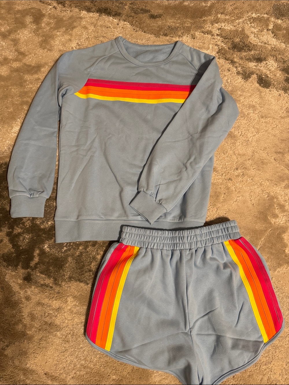 Light Blue Sweatshirt and Shorts Set with Red-Orange-Yellow Stripes